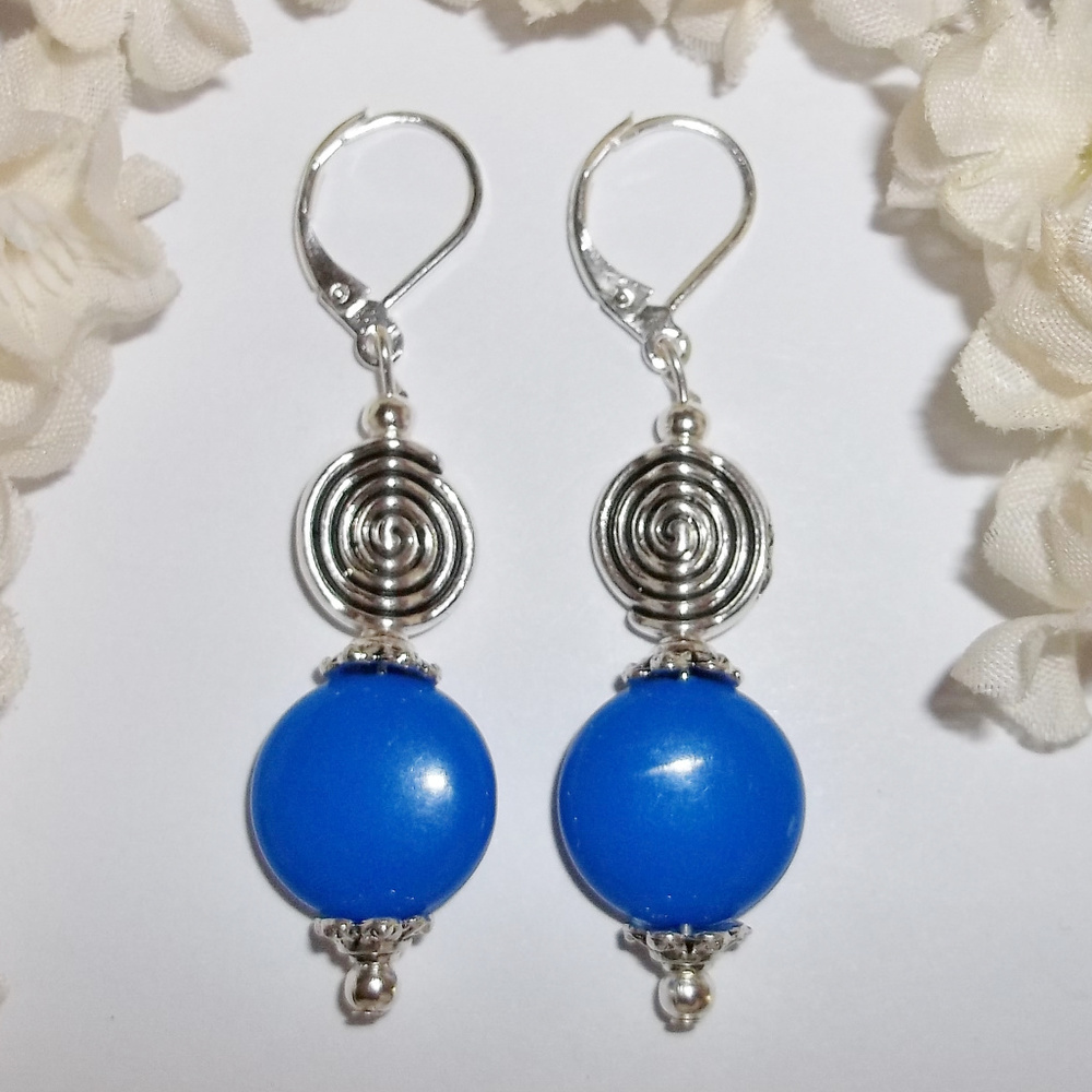 Royal Blue Beaded Earrings Handmade Set Pair 4294